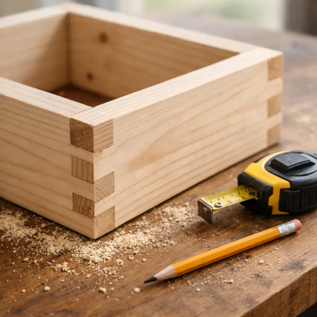 A simple handmade wooden box in progress, showing corner joints and a tape measure.