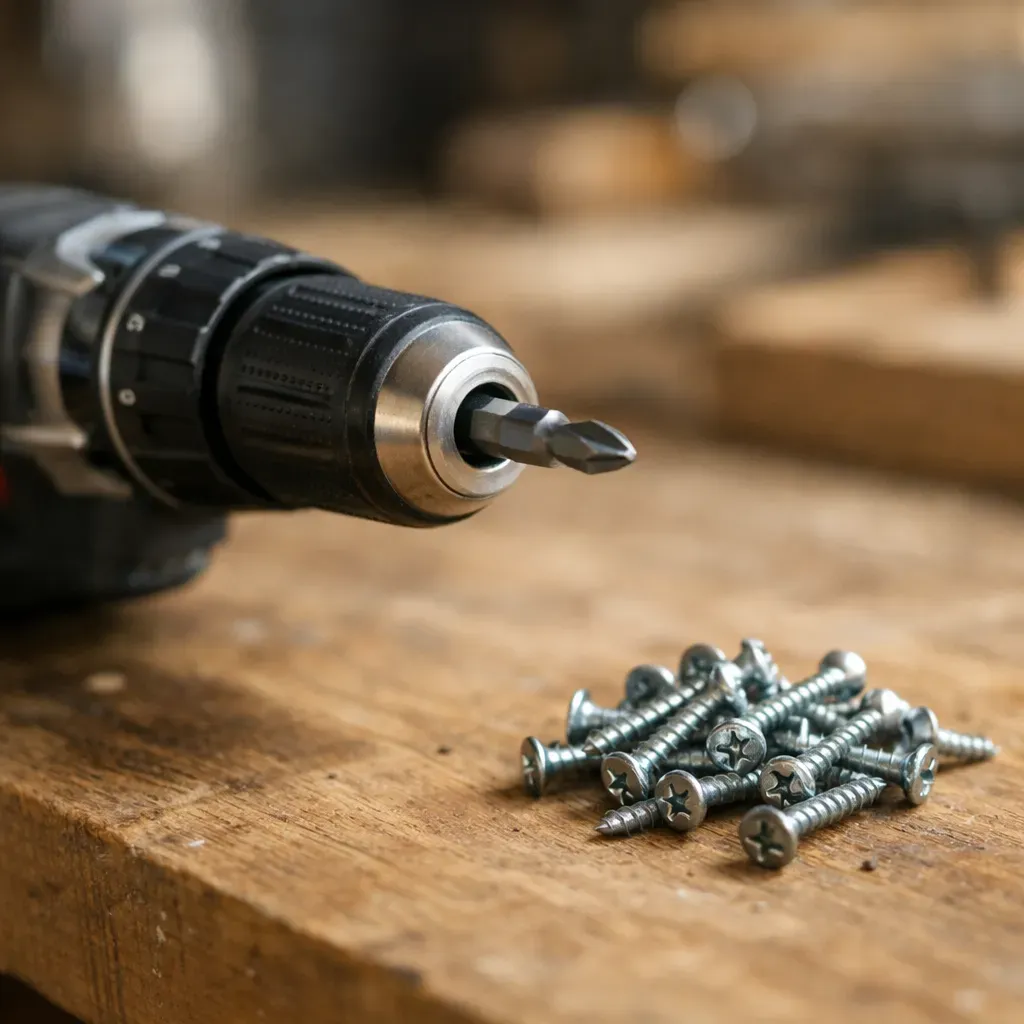 A cordless drill with a driver bit, the first tool to buy for beginner woodworking.