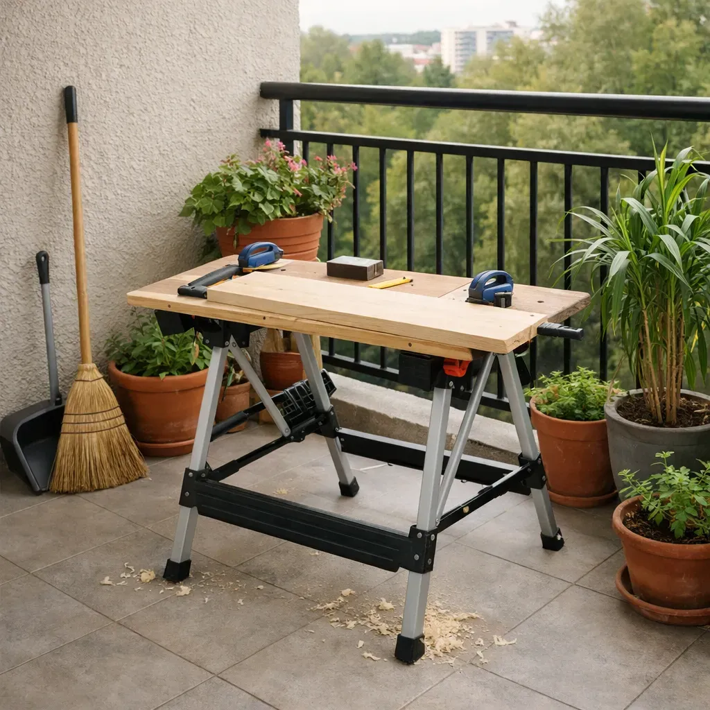 A folding table clamped and set up for woodworking on an apartment balcony.