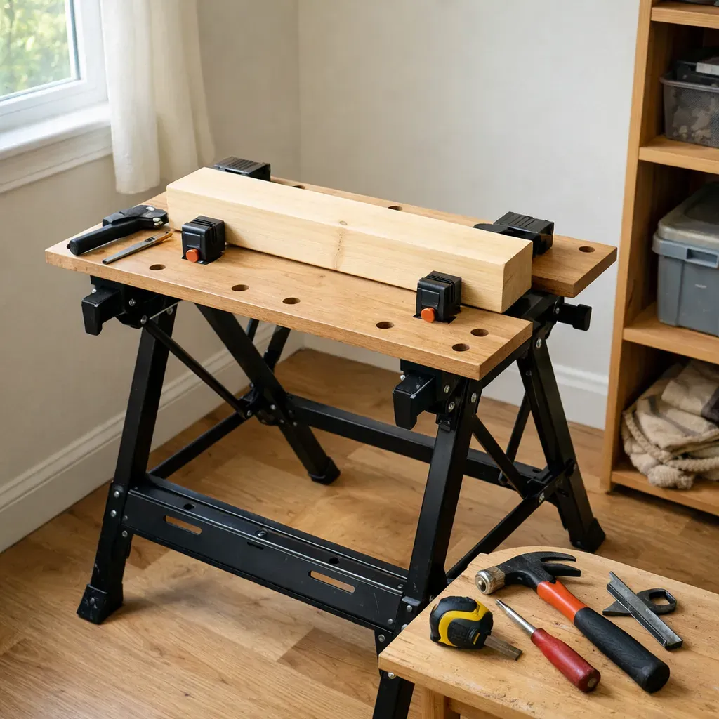 A portable folding clamping workstation holding a board for woodworking without a shop.