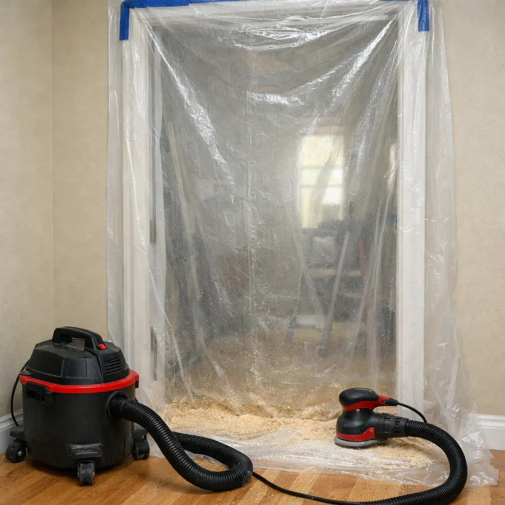 A DIY dust control setup with a plastic drop cloth and shop vacuum in a small workshop room.