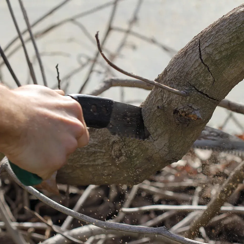 Hand saw stroke controlled above a sacrificial board A hand gripping a saw mid-stroke as its teeth bite into a length of wood.
