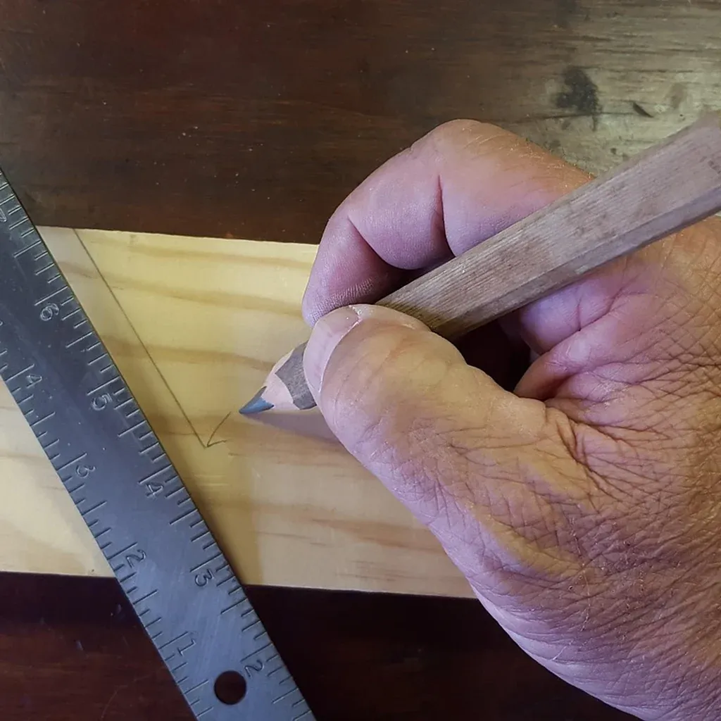 Marking a cut line with a ruler and carpenter pencil A hand marking a cut line on a pine board using a steel ruler and a flat carpenter's pencil.