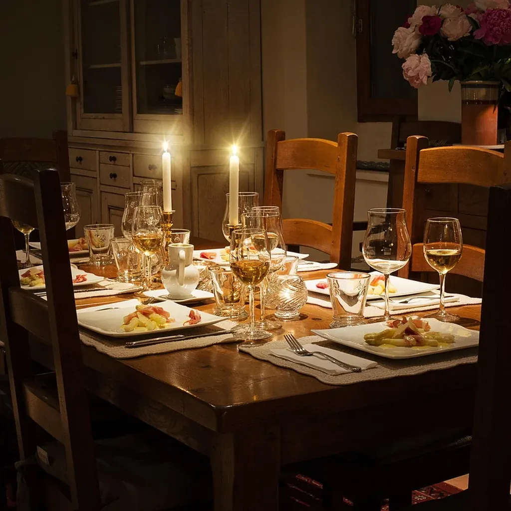 A laid dining table on a wooden floor, chair legs resting directly on the boards.