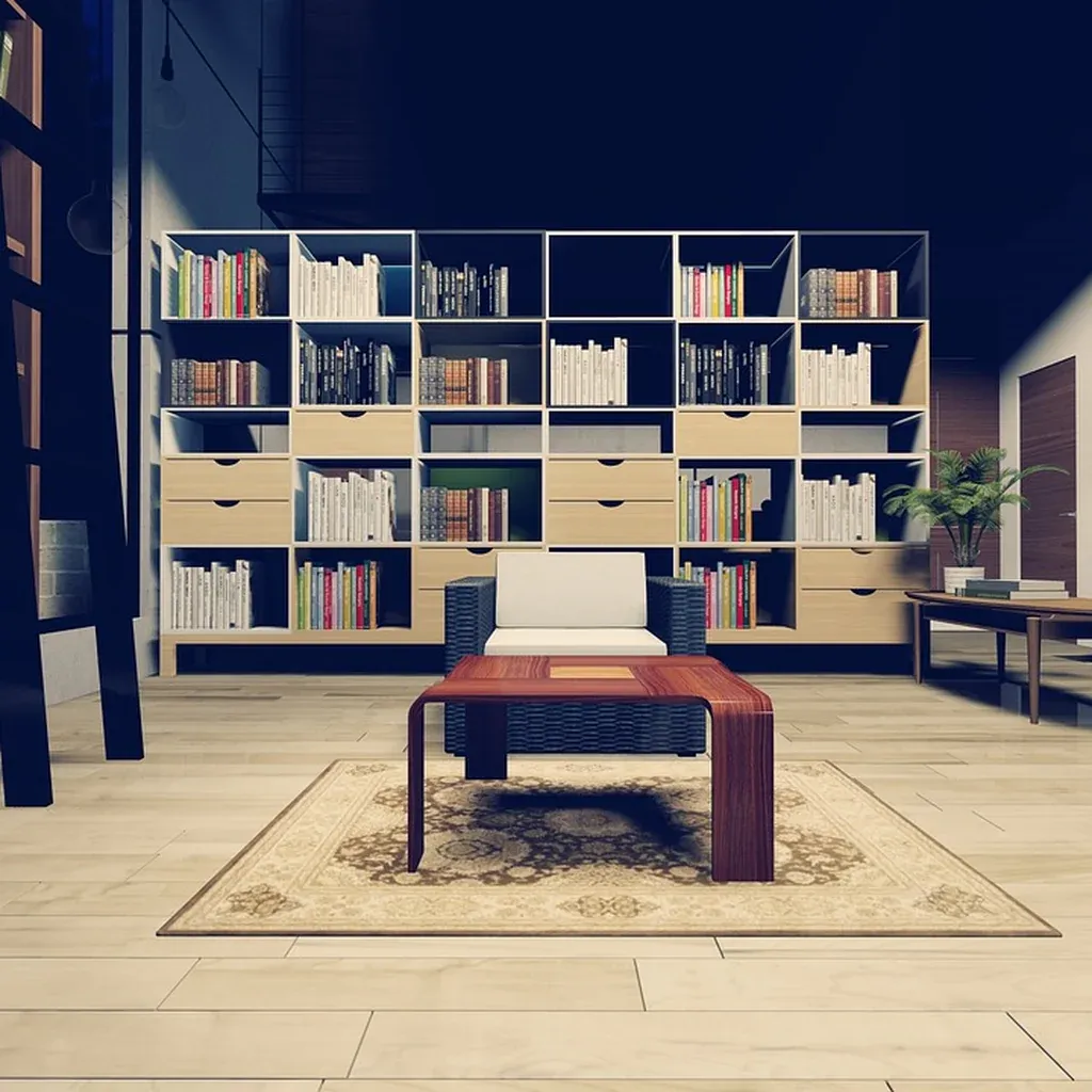 A shared living space used as a temporary work area A modern apartment living room with built-in shelving, a low table and clear floor space.