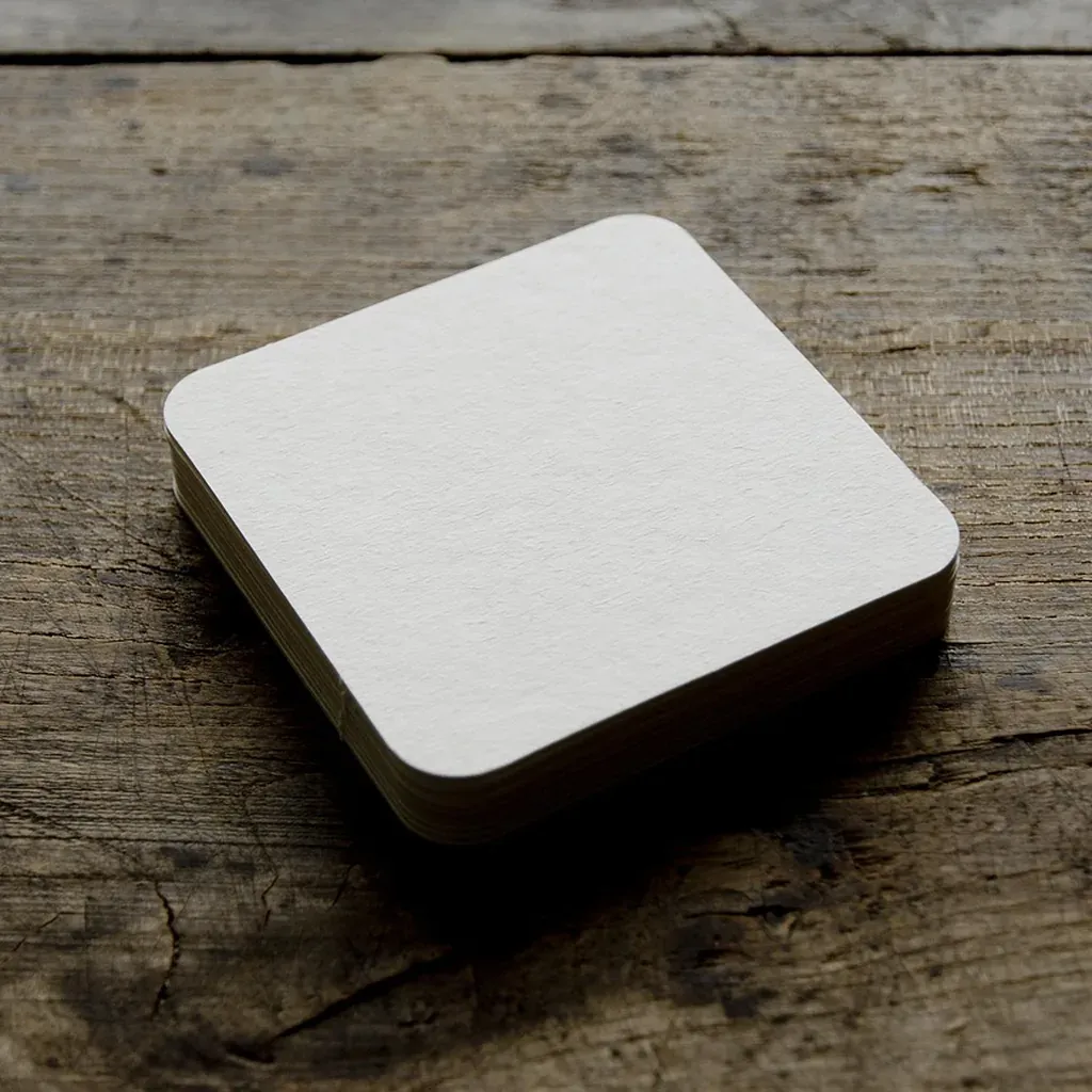 Finished coaster with eased corners A single square coaster with rounded corners sitting on a weathered wooden tabletop.