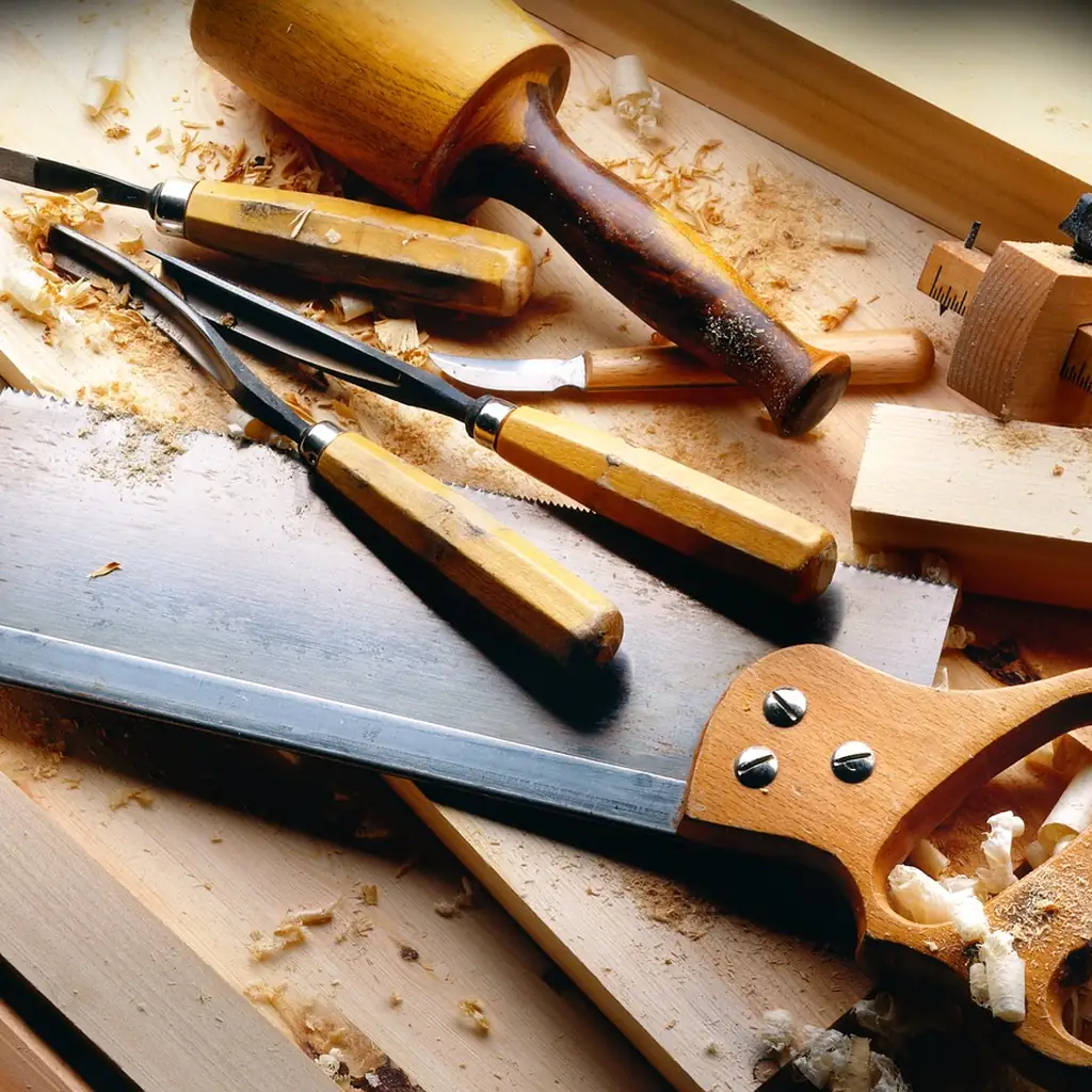 Hand tools laid out for a first box build A hand saw, wooden block plane and a row of bench chisels laid out on a bench among wood shavings.