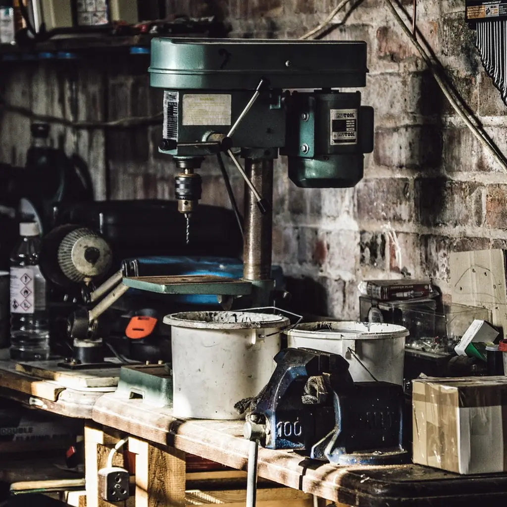 A fixed workshop bench for comparison A cluttered workshop bench against a brick wall holding a pillar drill and assorted tools.