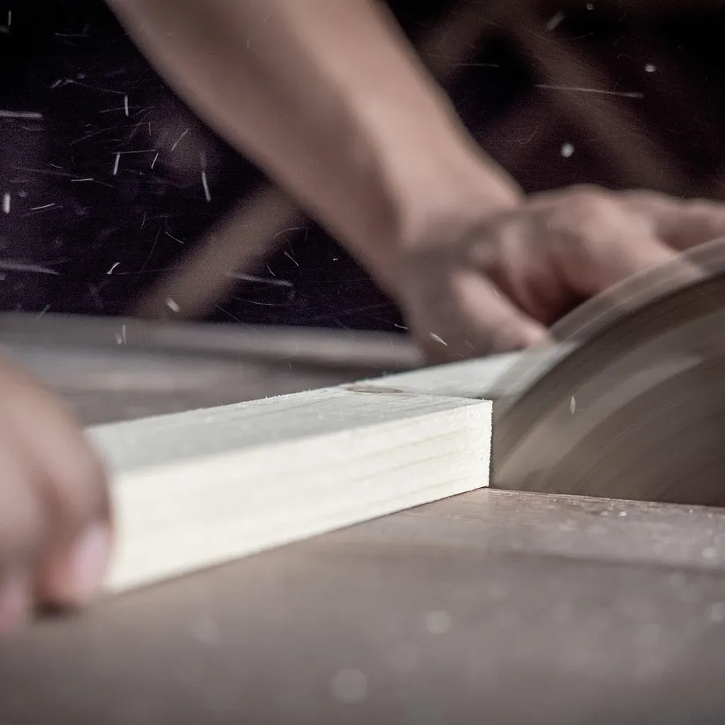 Cutting a butt joint by hand Hands guiding a hand saw through a board