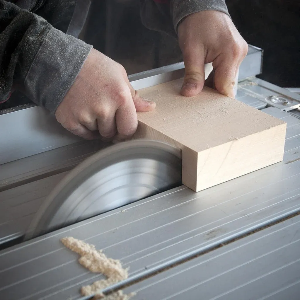 Hand placement near the blade Hands positioned near a spinning saw blade during a cut