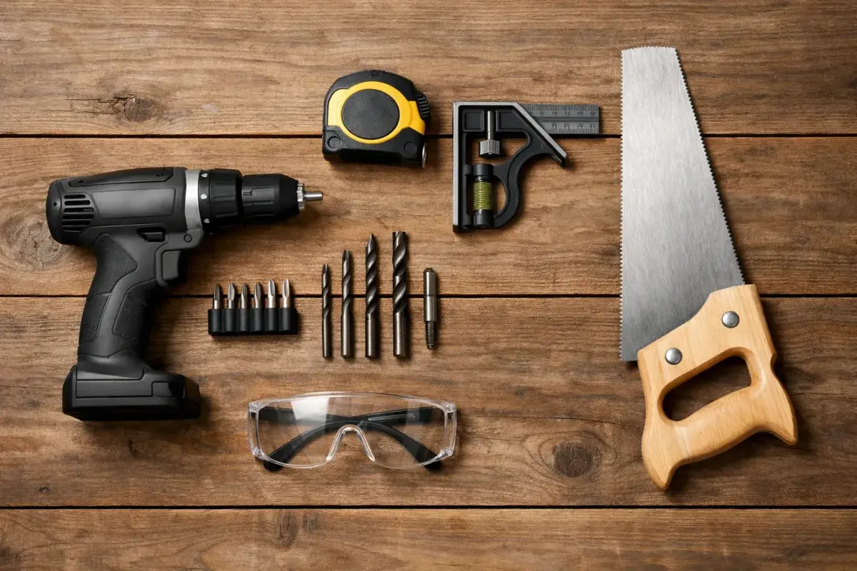 A minimal beginner woodworking tool kit laid out on a table, including a cordless drill and hand saw.