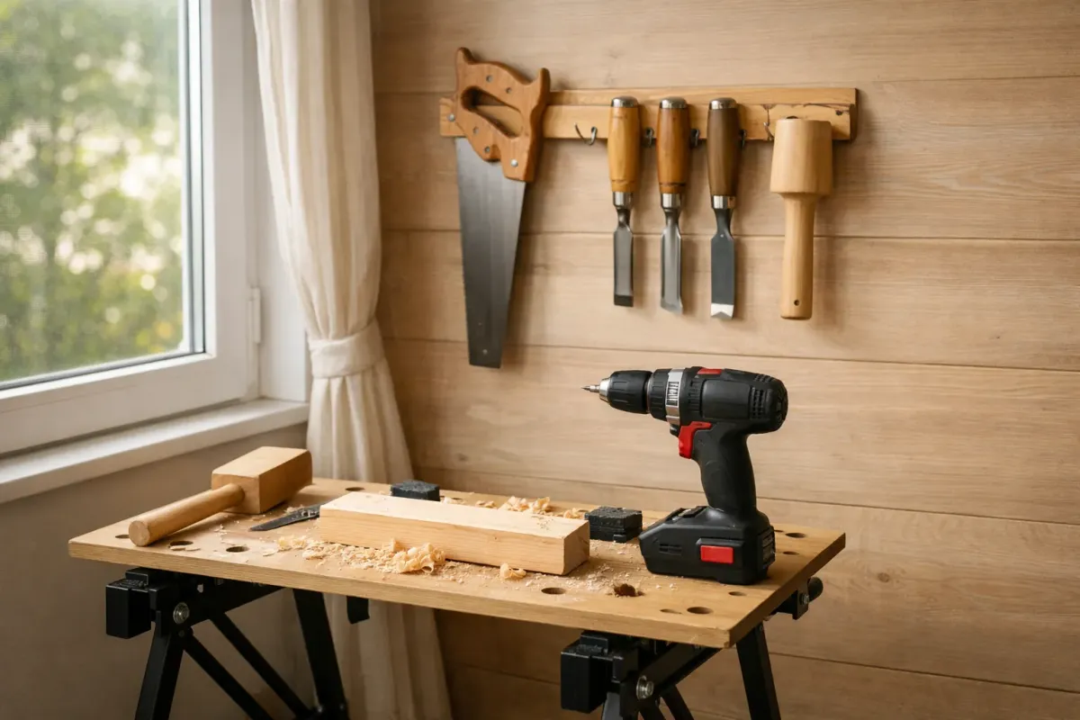 A compact woodworking corner set up in an apartment spare room with hand tools and a folding workbench.