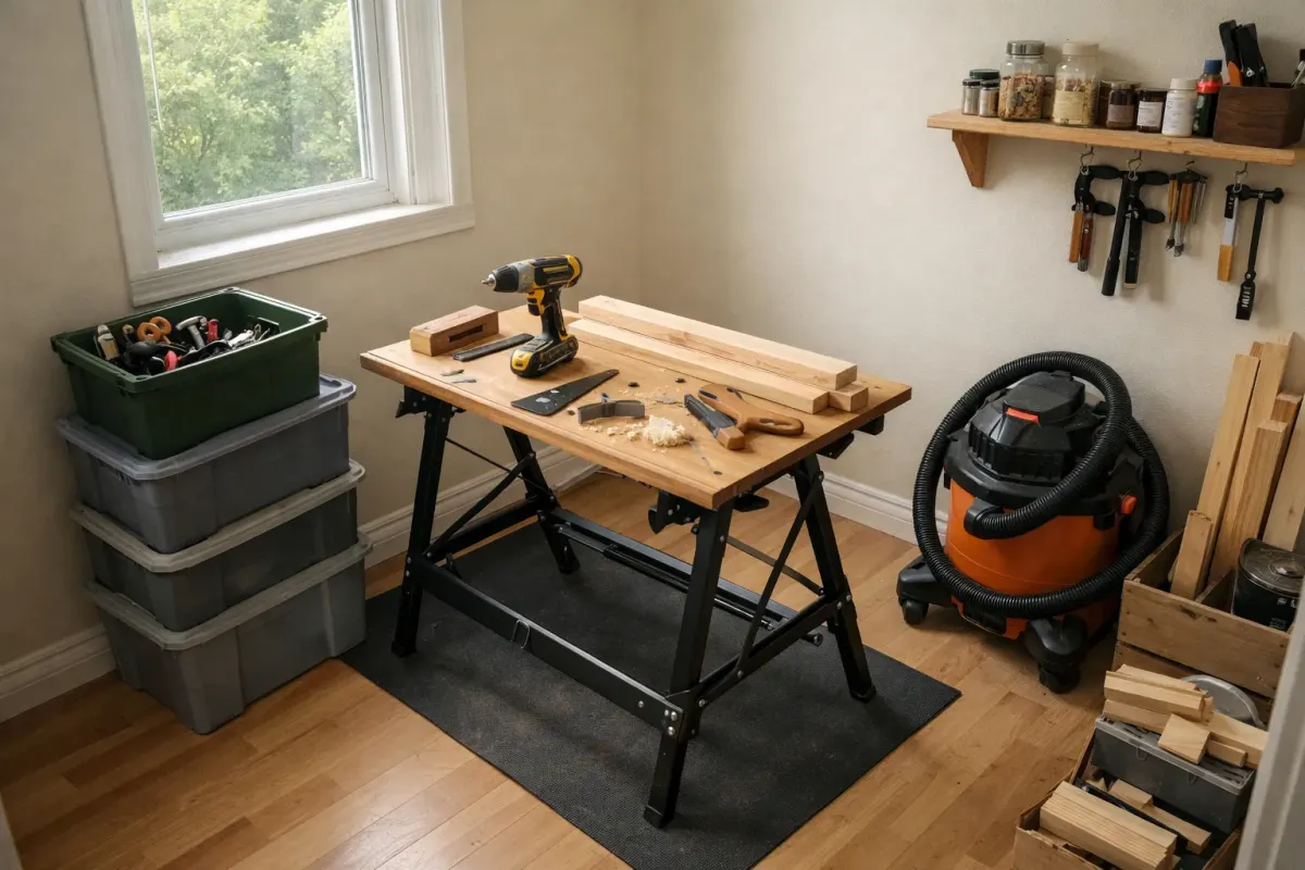 A small spare room set up as a temporary woodworking workshop with a folding workbench and storage bins.