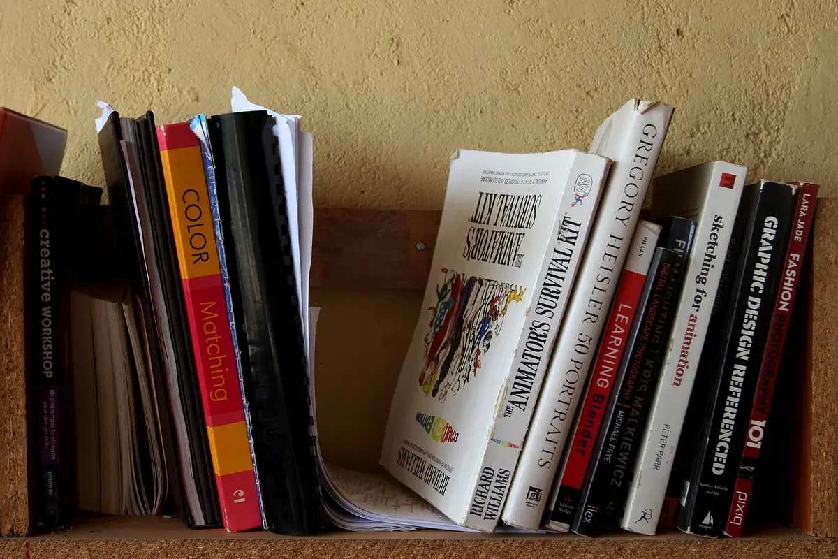 Books standing on a plain wooden shelf mounted against a painted wall.