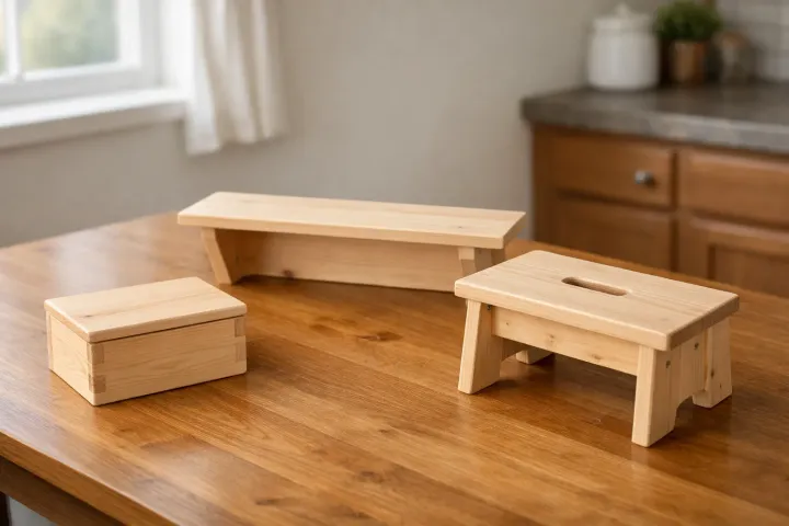 Three finished beginner woodworking projects, a wooden box, floating shelf, and step stool, on a table.