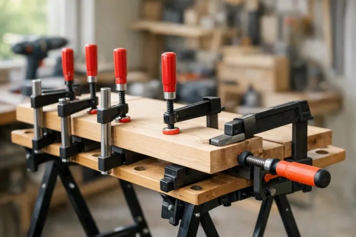 A wooden board secured with F-clamps and a bar clamp on a portable folding workbench.