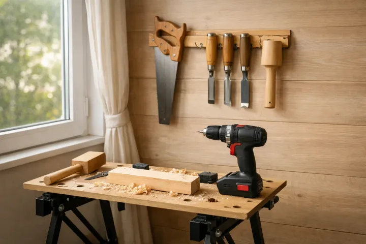 A compact woodworking corner set up in an apartment spare room with hand tools and a folding workbench.