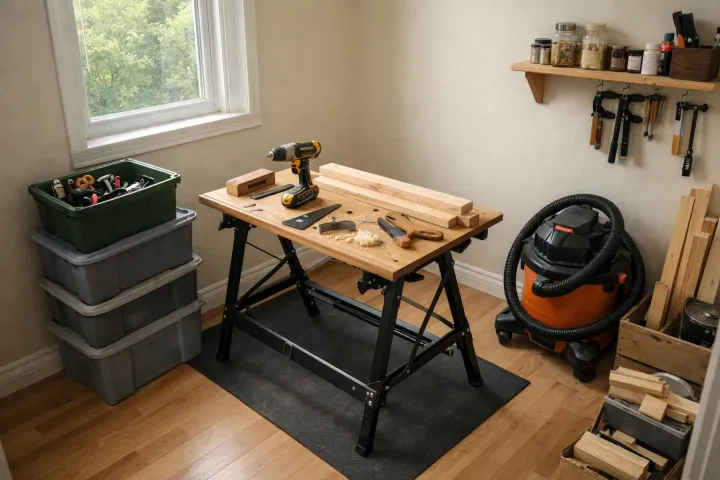 A small spare room set up as a temporary woodworking workshop with a folding workbench and storage bins.