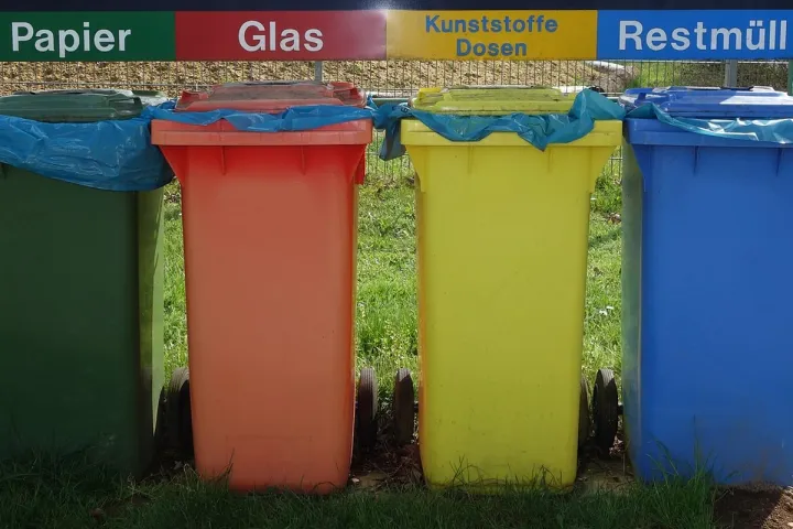 Four colour-coded wheelie bins standing in a row, each labelled for a different waste stream.